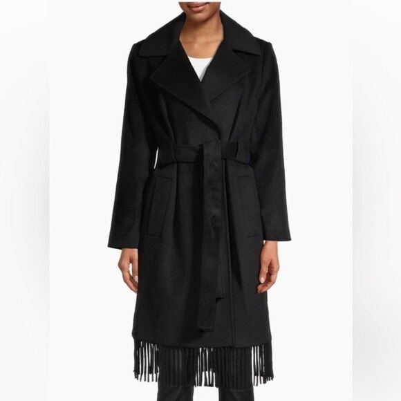 Sam Edelman Womens Single Breasted Fringe Wool Coat Black Size 2 New - Picture 1 of 10